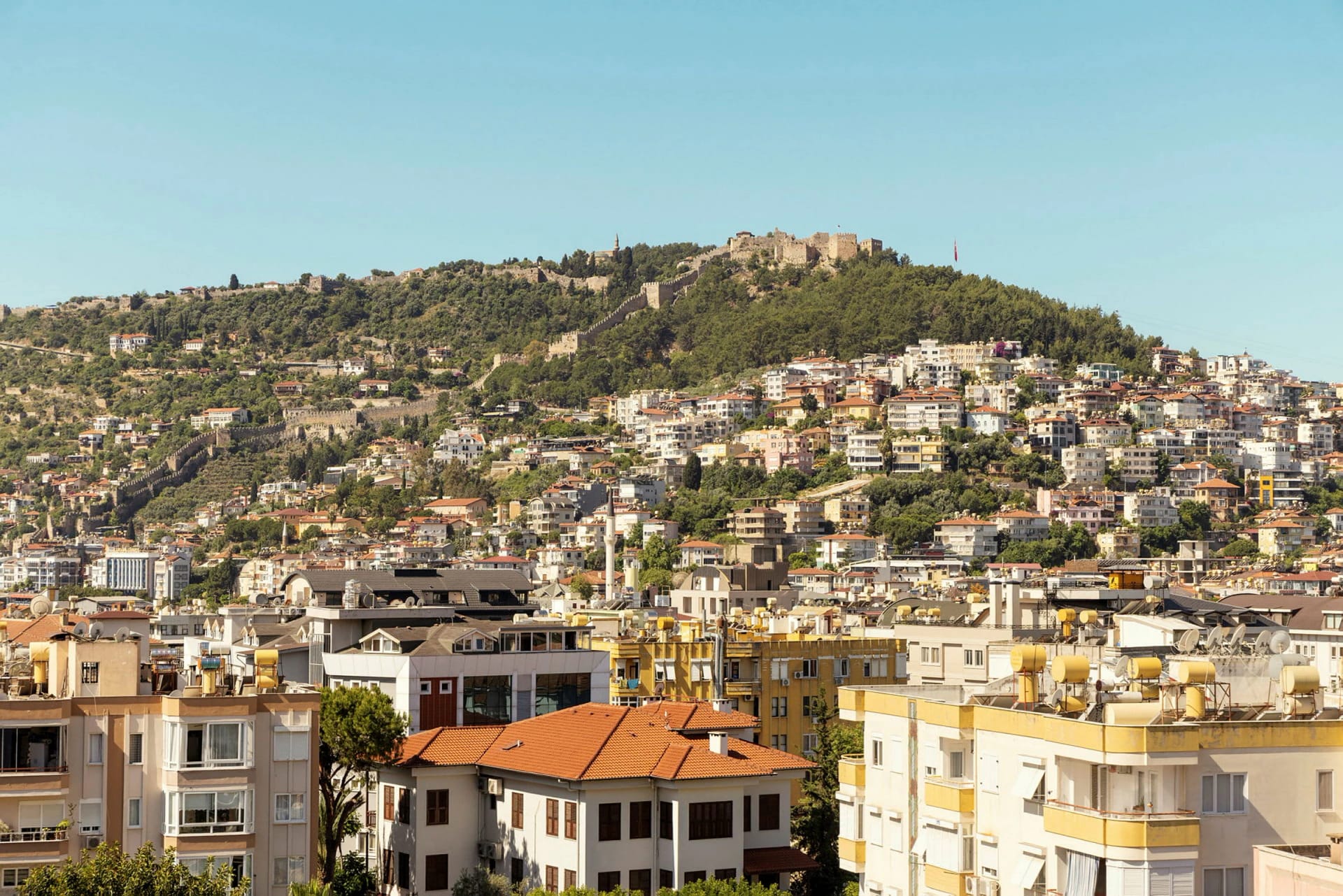 Alanya Castle on the hilltop viewed from Prince Alanya Apart Hotel